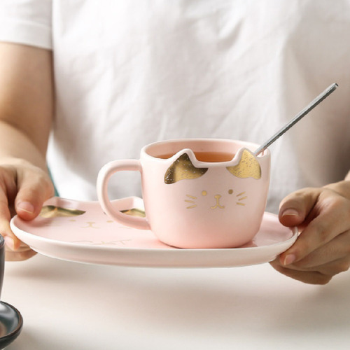Taza De Gato Con Plato Y Cuchara Reglos Color Rosa