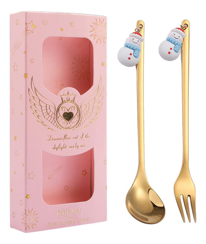 2 Cubiertos Navideños De Acero Inoxidable Muñeco De Nieve