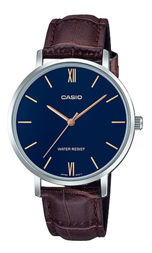 Reloj Casio Linea General Ltp-vt01l-2budf Mujer Color de la correa Marrón Color del bisel Plateado Color del fondo Azul