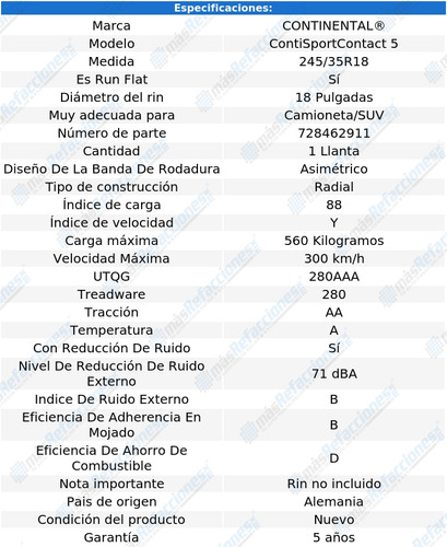 1- Llanta Conti Contisportcontact 5 245/35r18 Run Flat