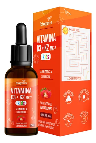 Vitamina D3 + K2 Mk-7 Kids, Em Gotas, Sublingual D3 2000ui | K2 100 mcg, Sabor Morango, 20 ml, Biogen