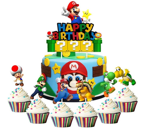 7 Piezas Acrílico Super Mario Feliz Cumpleaños Torta ...