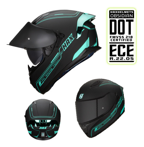 Hax Helmets. Casco Integral Certificado. Obsidian Black Turq