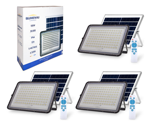 3x Refletor Holofote 100w Solar Prova Dágua Fotocélula 6500k