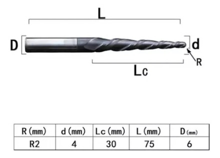 Fresa Endmill Broca Cónica Punta De Bola R2. Zanco 6mm
