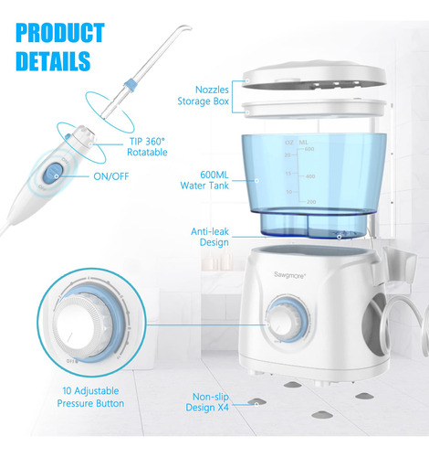 Irrigador Bucal Water Flosser Sawgmore, 600 Ml, 10 Presiones
