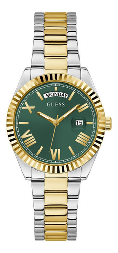 Relógio de pulseira Guess com borda de moeda, dois tons/verde/bi
