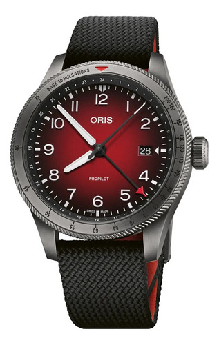 Reloj Oris Propilot Automático 01 798 7773 4268-07 3 20 14gl Correa Negro Bisel Gris oscuro Fondo Rojo