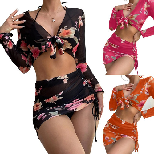 4 Piezas Traje De Baño Bikini Floreado Con Cordón Para Damas