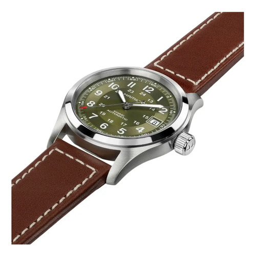 Reloj Hamilton Khaki Field H70455560 Unisex Correa Marrón Bisel Plateado Fondo Plateado