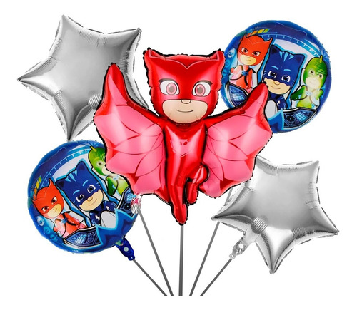 Kit 5 Pzs Globos Metalicos De Heroes En Pijama Pj Mask 73cm Color Rojo