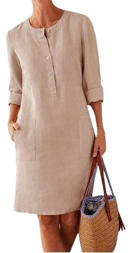 Women's Casual Cotton And Linen Dress Loose Buttons 1