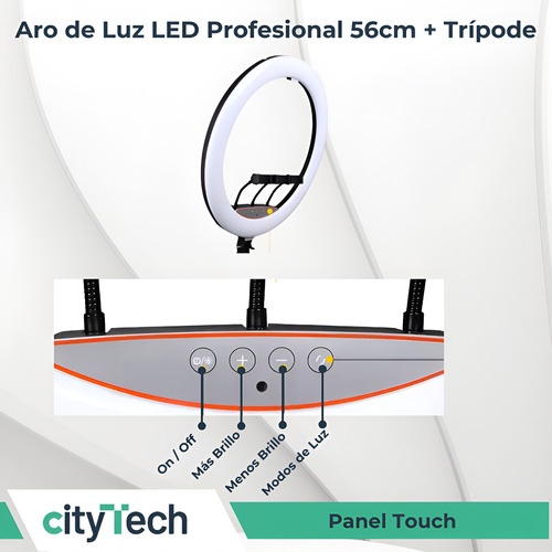 Aro De Luz Profesional Touch 56cm 3 Soporte Celular+ Trípode Negro Blanco/blanco Cálido/blanco Suave