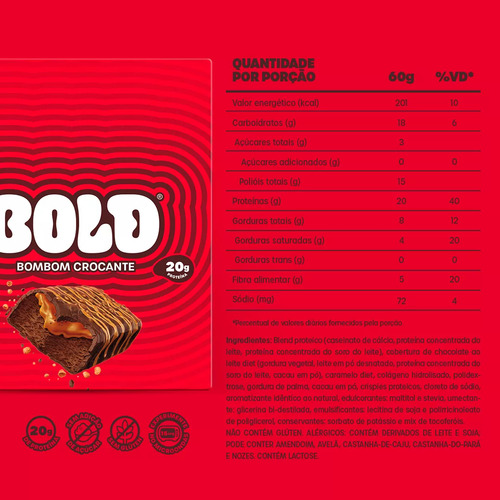 12 Barra De Proteína Bold Snack Bar Bombom Crocante 60g