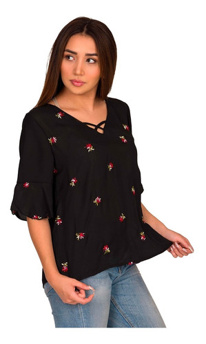 Blusa Dama Moda Manga 3/4 Bordado Rosas 8815-g