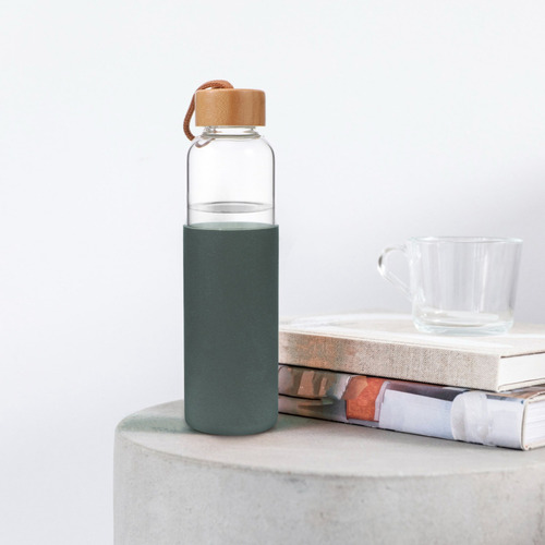 20 Botella De Vidrio Para Agua Bebidas Tapa Bambu Silicona Color Negro