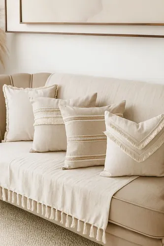 Kit 4 Capas De Almofadas ​Estilo Boho Chic Moderna ‌Luxo Cru Neutro Franjas Algodão