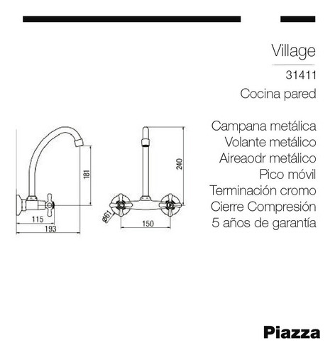 Imagen 3 de 5 de Grifería Cocina Pared Piazza Village Canilla Cierre Compr Mm