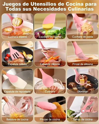 Set De Cubiertos Utensilios De Silicona Y Madera 19 Piezas Rosa