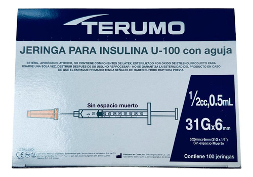 Jeringa Para Insulina Terumo 31gx6mm De 0.5ml Caja/100 Pz Capacidad En Volumen 5 Ml