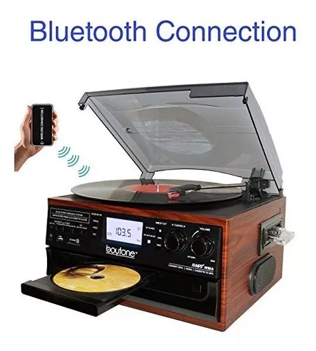 Tocadiscos Bluetooth de 3 velocidades con altavoces estéreo, reproductor de  CD/cassette, radio FM y transmisión de música inalámbrica, caoba