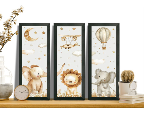 Kit 3 Quadrinhos Decorativos Quarto Infantil Animais Moldura