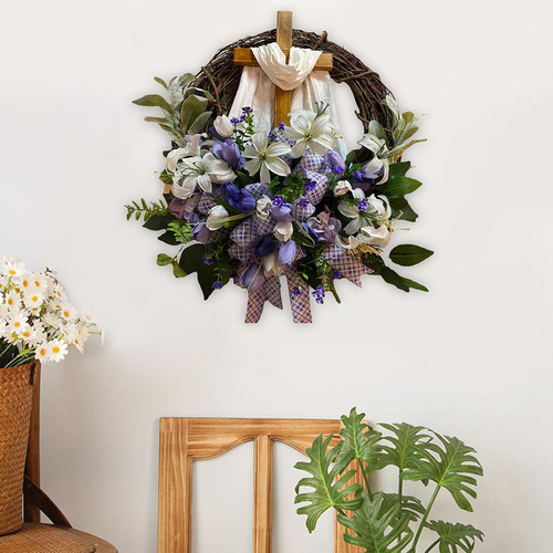 Corona De Cruz De Pascua Hecha A Mano Para Puerta