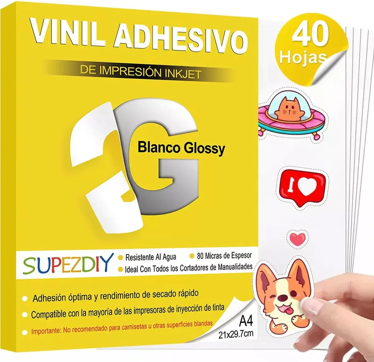 40 Vinil Para Impresión Inkjet Adhesivo Blanco Glossy A4 Supezdiy