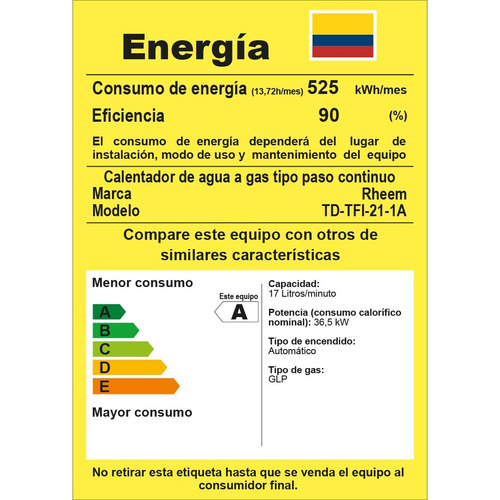 Calentador De Agua 21lt Gas Propano Tiro Forzado Dig Rheem Color Blanco Tipo de gas GLP 120V