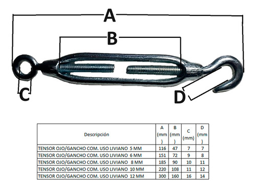 Tensor Zincado Ojo Gancho 3/8 10 Mm
