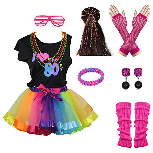 Amo 80s Rainbow Tutu Falda Niña Niña Set De Accesorio...