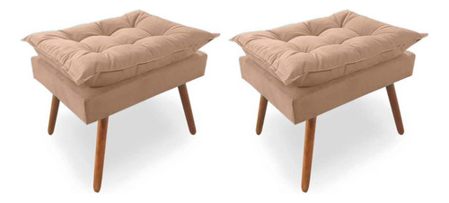 Kit 2 Puff Decorativo Retangular De Sala Opala Veludo Bege Bege