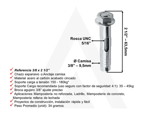 Chazo Expansivo Diámetro 3/8 X 2 1/2 PuLG 63mm 50 Unid