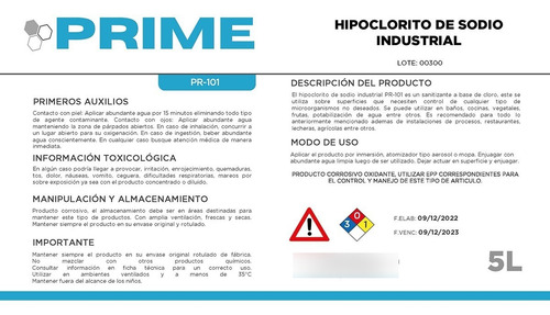 Imagen 2 de 2 de Hipoclorito De Sodio (cloro) 1% Prime 1 Lt.