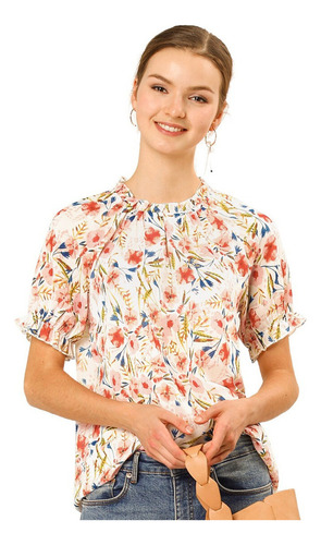 New. Blusa Mujer Manga Corta Con Volantes Cuello Simulado