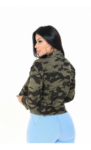 Imagem 5 de 8 de Jaqueta Jeans Feminina Camuflada Militar Gola Padre Lycra
