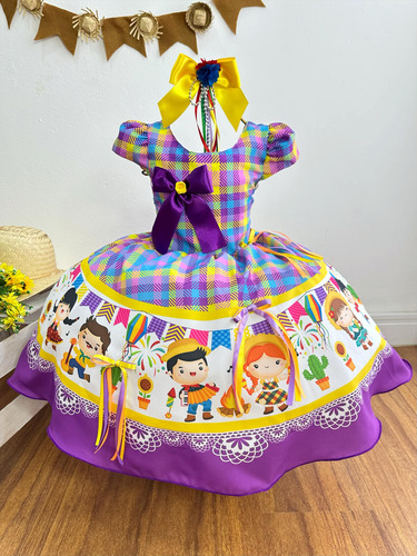 Vestido Infantil Junino Xadrez Lilás Arraial Festa São João