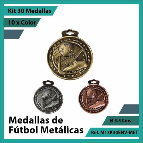 Kit 30 Medallas En Cali De Futbol Oro Metalica M13k30
