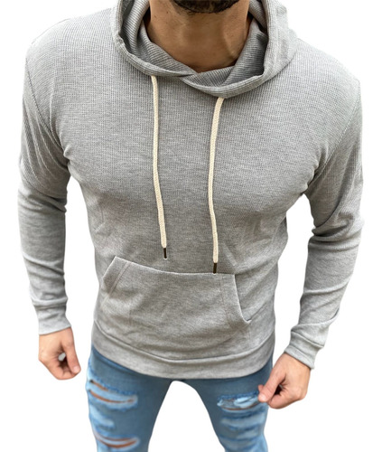 Buzo Tipo Sweater Canguro Waffle Liso Capucha Gris