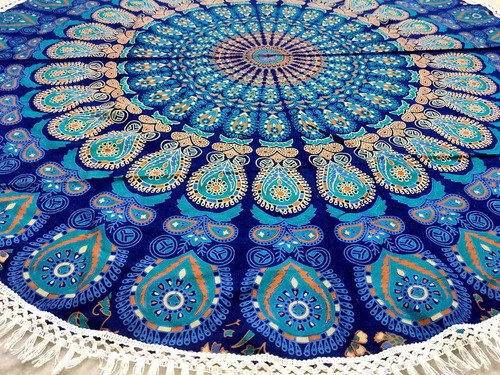 Tapiz Redondo De Playa Con Mandala, Turquesa, Bohemio, Hippi