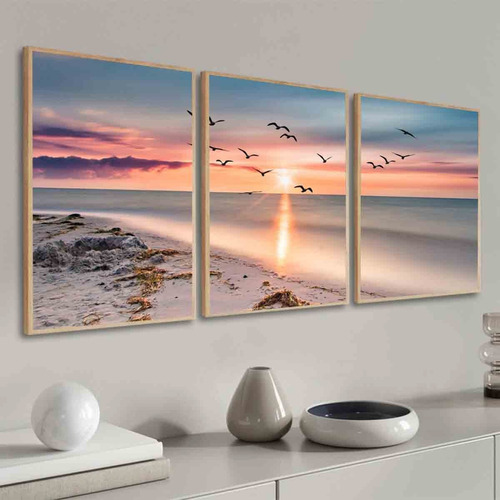 Kit Quadros Decorativos Pôr Do Sol Paisagem Gaivotas Moldura