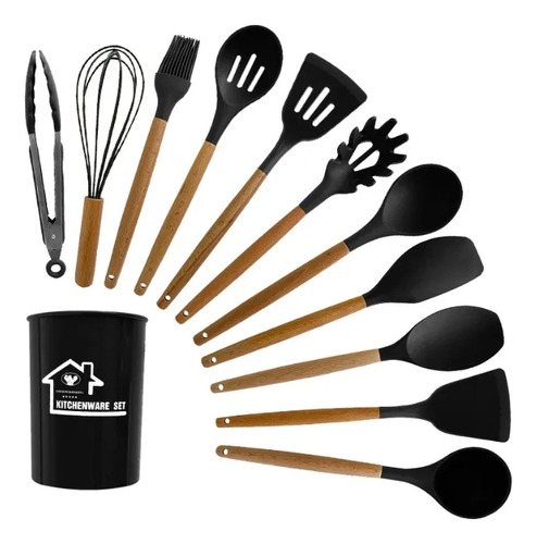 Juego Utensilios De Cocina Silicona 12pzs Mango Madera Negro