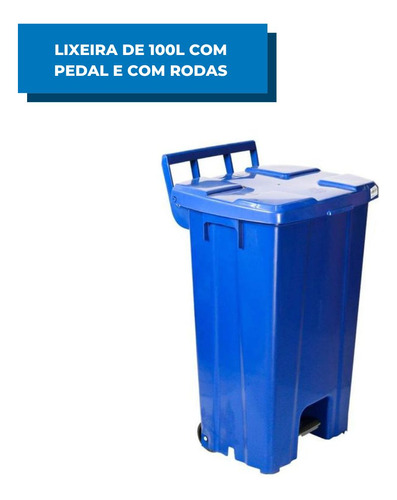 Lixeira 100 Litros Quadrada Azul Plástico Com Rodas E Pedal