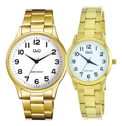 Reloj Pareja Q&q Duo Hombre Mujer Dorado Metal Relojes