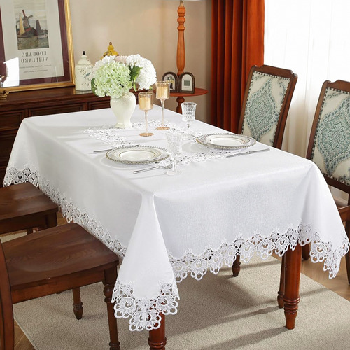 Toalha De Mesa Branca Floral Retangular Impermeável