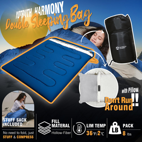 Saco De Dormir Doble Con Almohada Para Camping Frío 3 Estaci Harmony 400t Azul Ubicación De La Cremallera