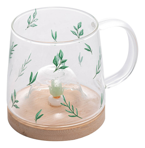 Caneca De Vidro Borossilicato Suculenta Pires De Bambu 350ml