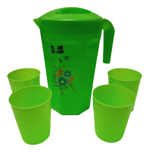 Jarra Plastica 1,3  Litro Y 4 Vasos  Del Mismo Color