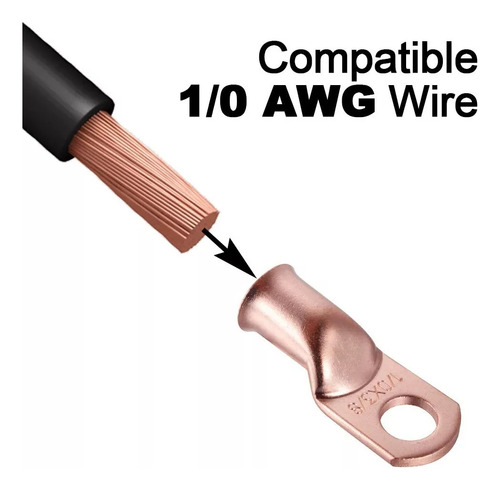 10 Terminales De Batería De Cable 100% Cobre, 1/0 Awg-3/8 Ocre