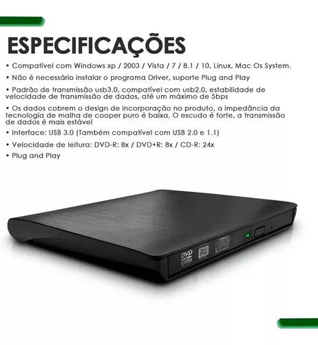 Leitor CD/ CD-RW/ DVD Externo Slim USB 3.0 Preto